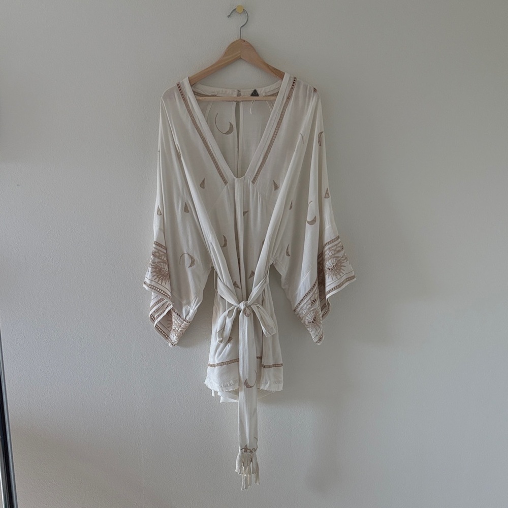 White and Brown Kimono Sleeve Belted Romper